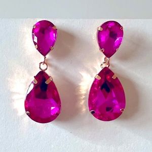 Pink Gemstone Dangling Gold Earrings NWT Fuchsia